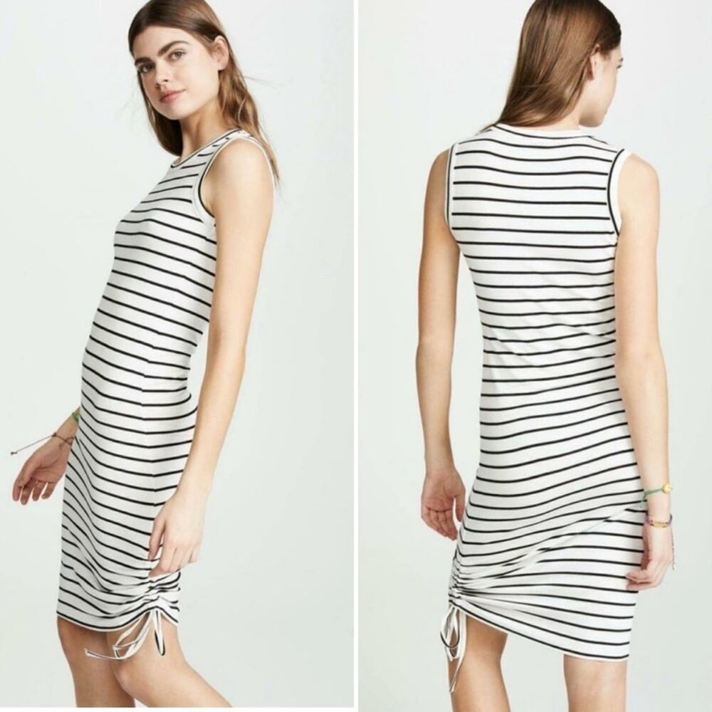 BB Dakota What’s The Ruche Dress striped column pencil sleeveless white black